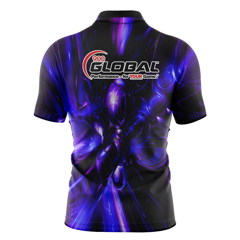 900 Global Liquid Plasma Purple Black Logo Quick Ship CoolWick Sash Zip Bowling Jersey - Image 2