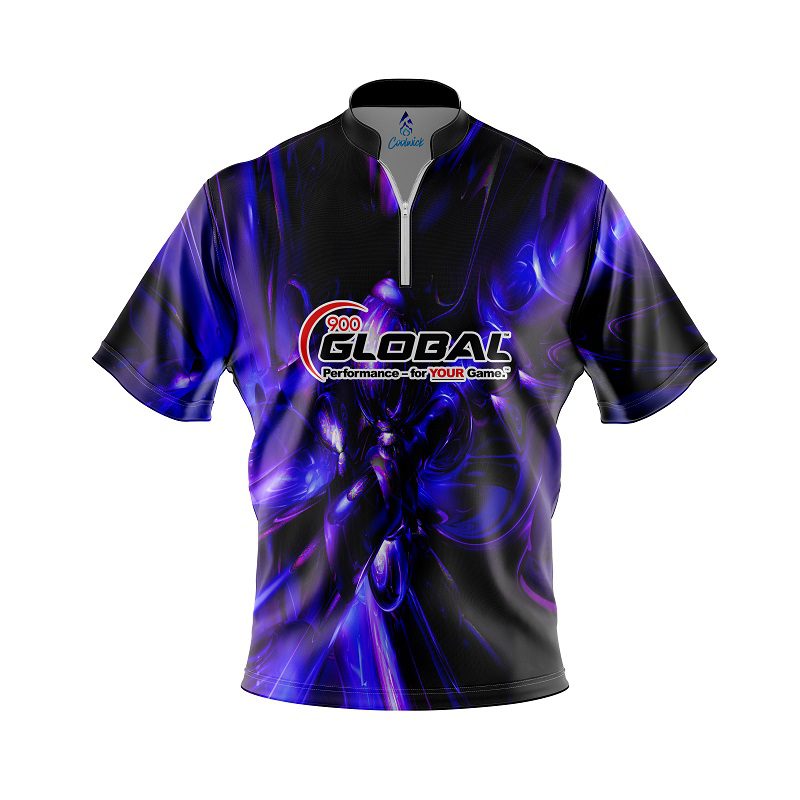900 Global Liquid Plasma Purple Black Logo Quick Ship CoolWick Sash Zip Bowling Jersey