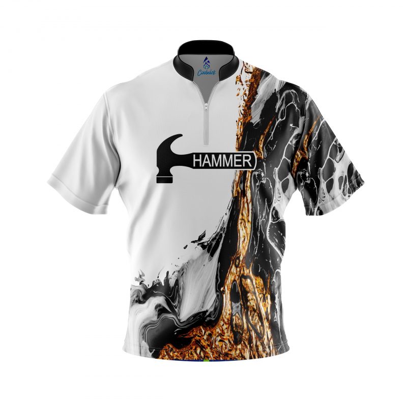 Image of Hammer Black And Gold Liquid Marble Quick Ship CoolWick Sash Zip Bowling Jersey