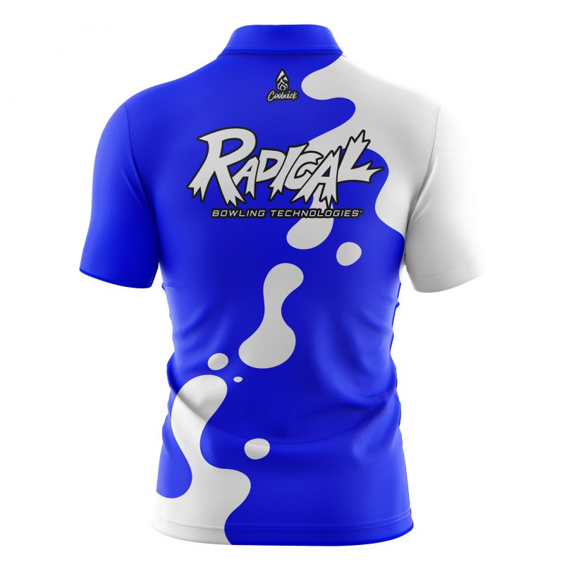 Radical Blue White Drip Quick Ship CoolWick Sash Zip Bowling Jersey - Image 2