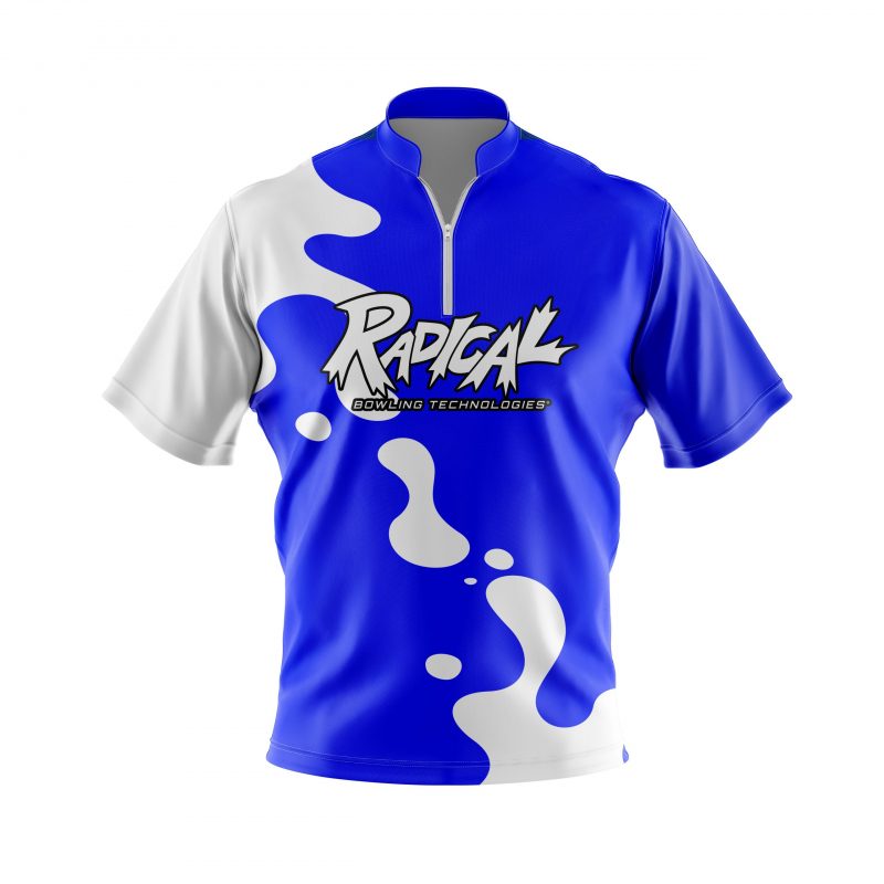 Radical Blue White Drip Quick Ship CoolWick Sash Zip Bowling Jersey