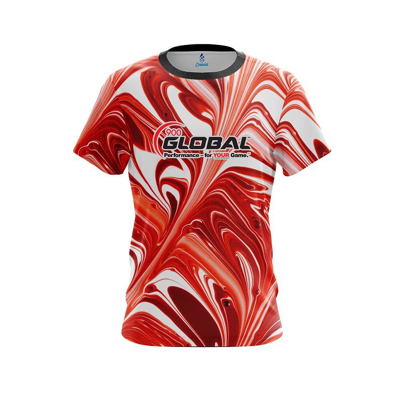 900 Global Deep Red  And White Liquid Swirls CoolWick Bowling Jersey