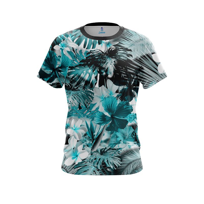 Plain Aqua Tropical Leafs Effect CoolWick Bowling Jersey