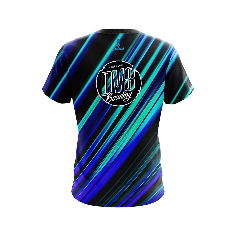 DV8 Blue And Green Digital Stripe CoolWick Bowling Jersey - Image 2