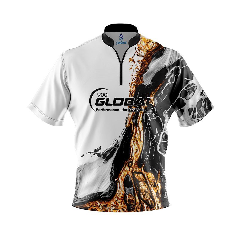900 Global Black And Gold Liquid Marble Quick Ship CoolWick Sash Zip Bowling Jersey