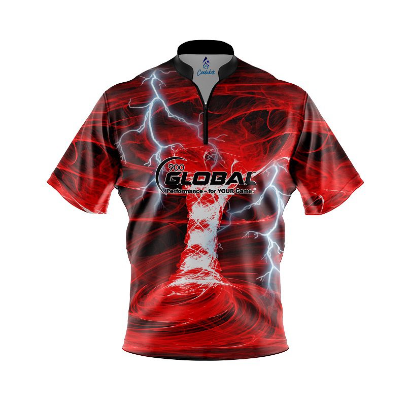 900 Global Electrical Tornado Red  Quick Ship CoolWick Sash Zip Bowling Jersey