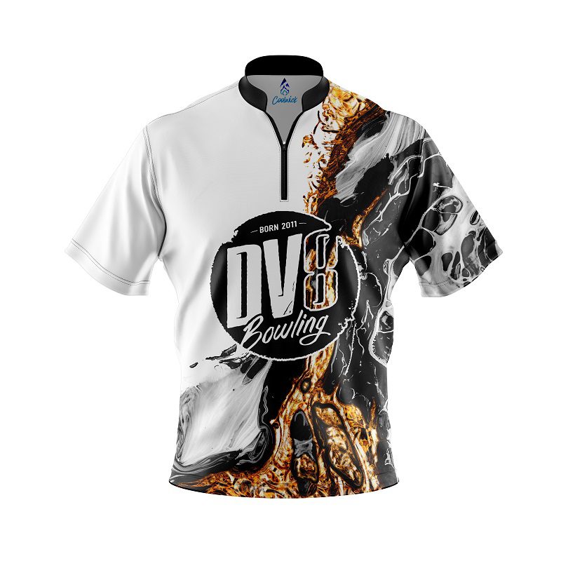 DV8 Black And Gold Liquid Marble Quick Ship CoolWick Sash Zip Bowling Jersey