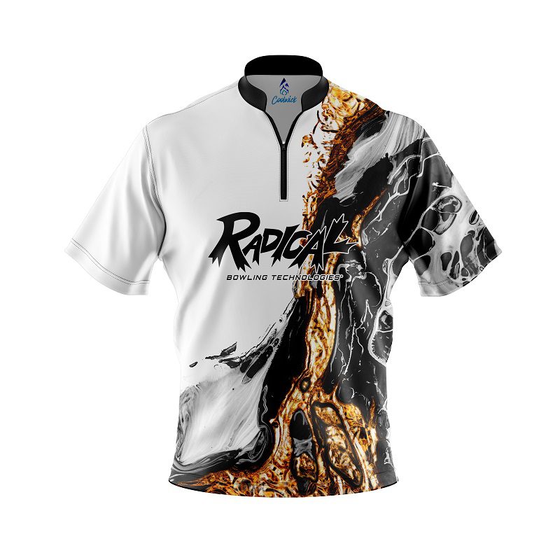 Image of Radical Black And Gold Liquid Marble Quick Ship CoolWick Sash Zip Bowling Jersey