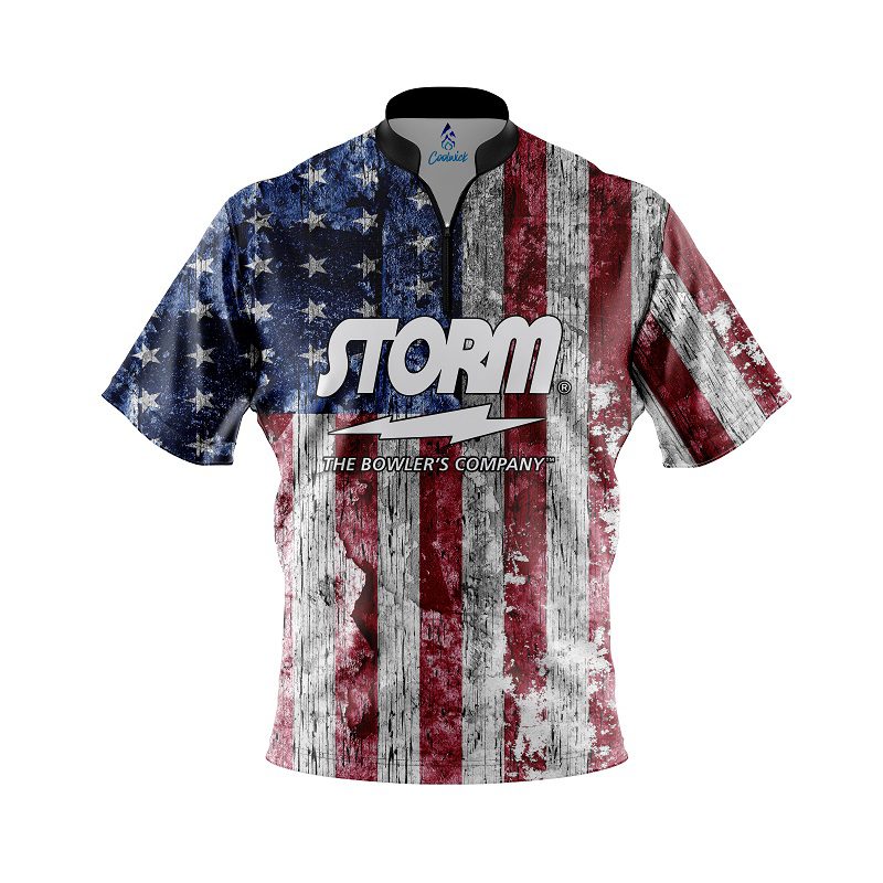 Storm Rustic Flag Quick Ship CoolWick Sash Zip Bowling Jersey