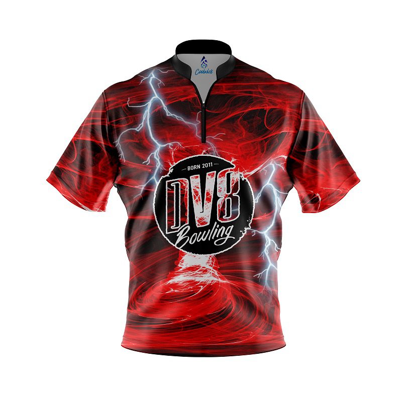 Image of DV8 Electrical Tornado Red Quick Ship CoolWick Sash Zip Bowling Jersey