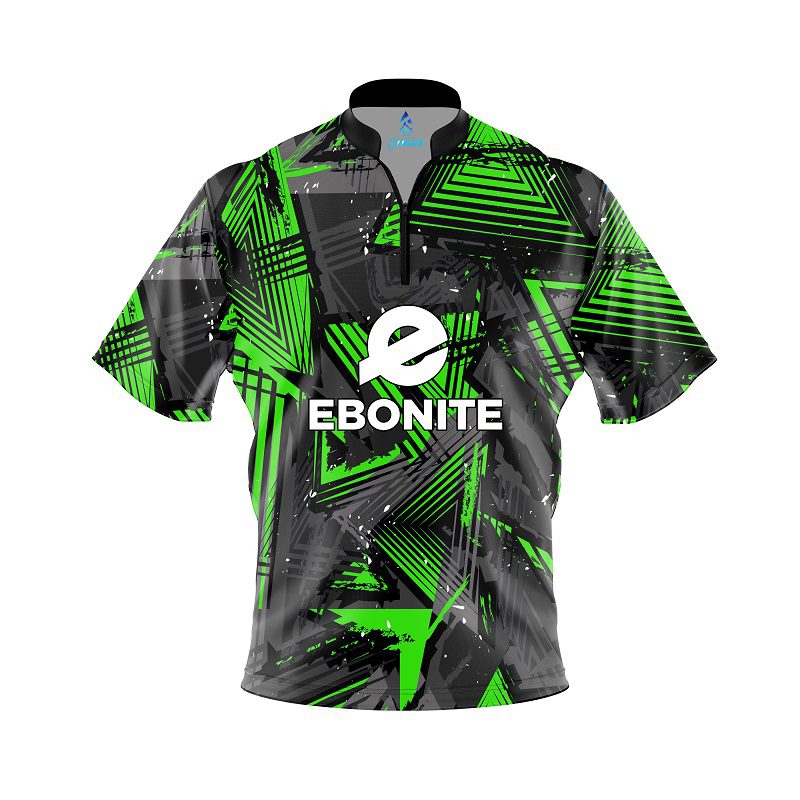 Ebonite Green Triangles Quick Ship CoolWick Sash Zip Bowling Jersey