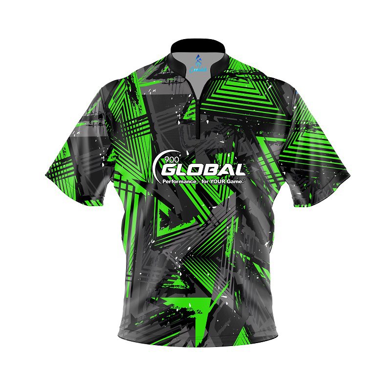 900 Global Green Triangles Quick Ship CoolWick Sash Zip Bowling Jersey
