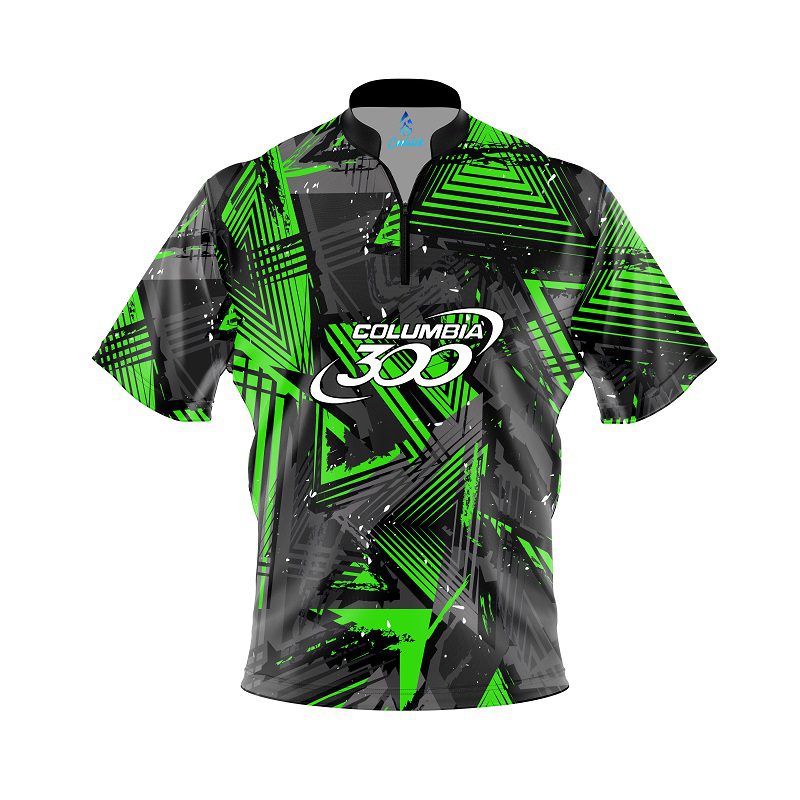 Columbia 300 Green Triangles Quick Ship CoolWick Sash Zip Bowling Jersey