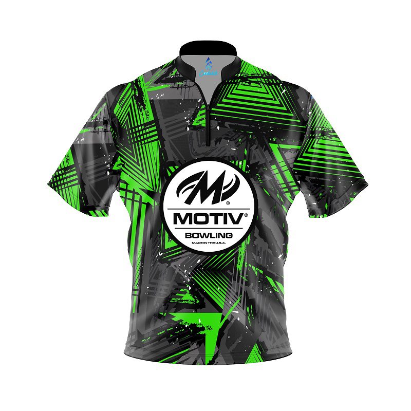 Motiv Green Triangles Quick Ship CoolWick Sash Zip Bowling Jersey