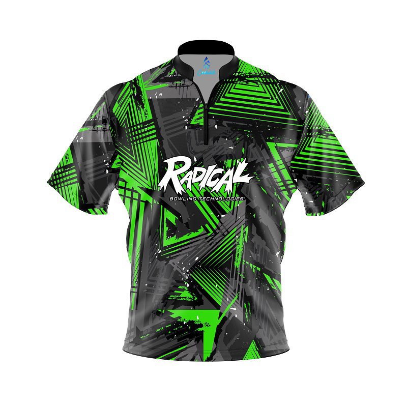Radical Green Triangles Quick Ship CoolWick Sash Zip Bowling Jersey