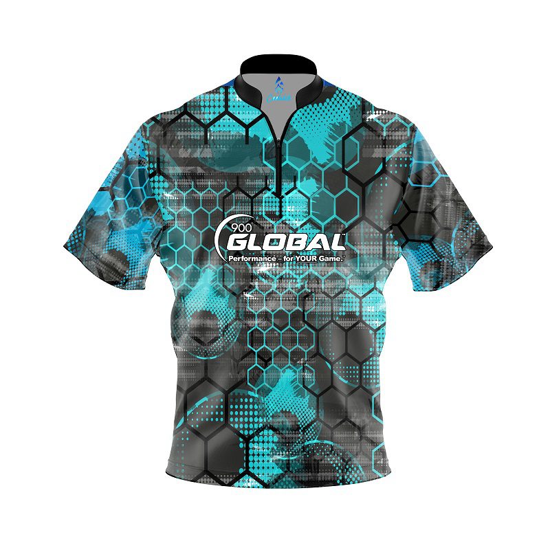 Image of 900 Global Teal Honeycomb Quick Ship CoolWick Sash Zip Bowling Jersey
