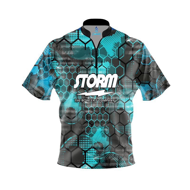 Storm Teal Honeycomb Quick Ship CoolWick Sash Zip Bowling Jersey