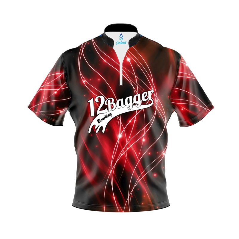 Image of 12Bagger Red Spirals Quick Ship CoolWick Sash Zip Bowling Jersey