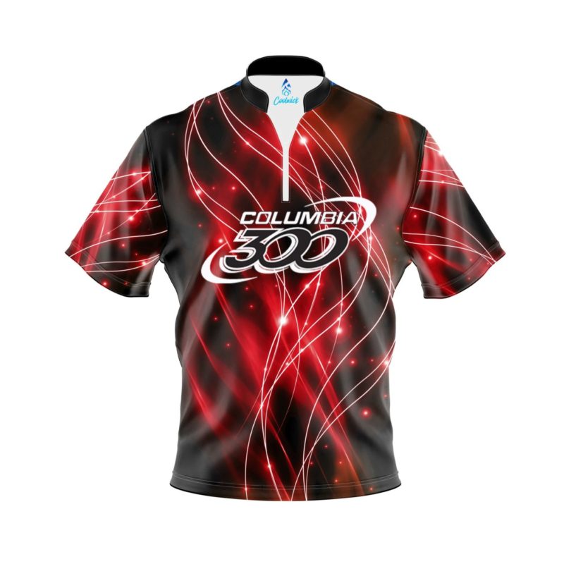 Columbia 300 Red Spirals Quick Ship CoolWick Sash Zip Bowling Jersey