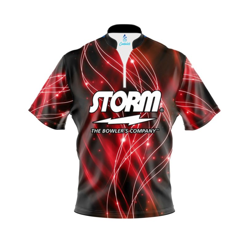 Image of Storm Red Spirals Quick Ship CoolWick Sash Zip Bowling Jersey