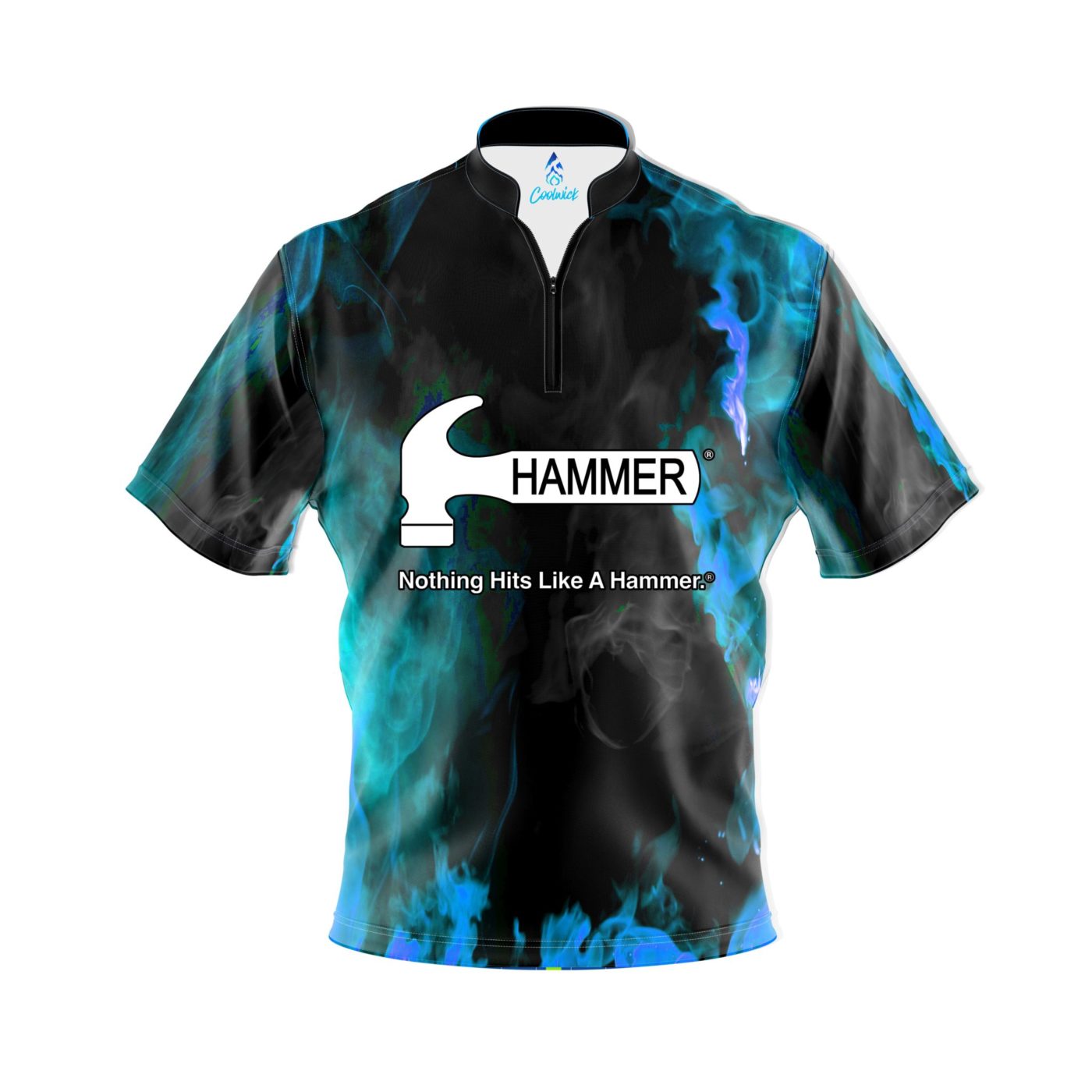 Hammer Blue Flame Quick Ship CoolWick Sash Zip Bowling Jersey - XL
