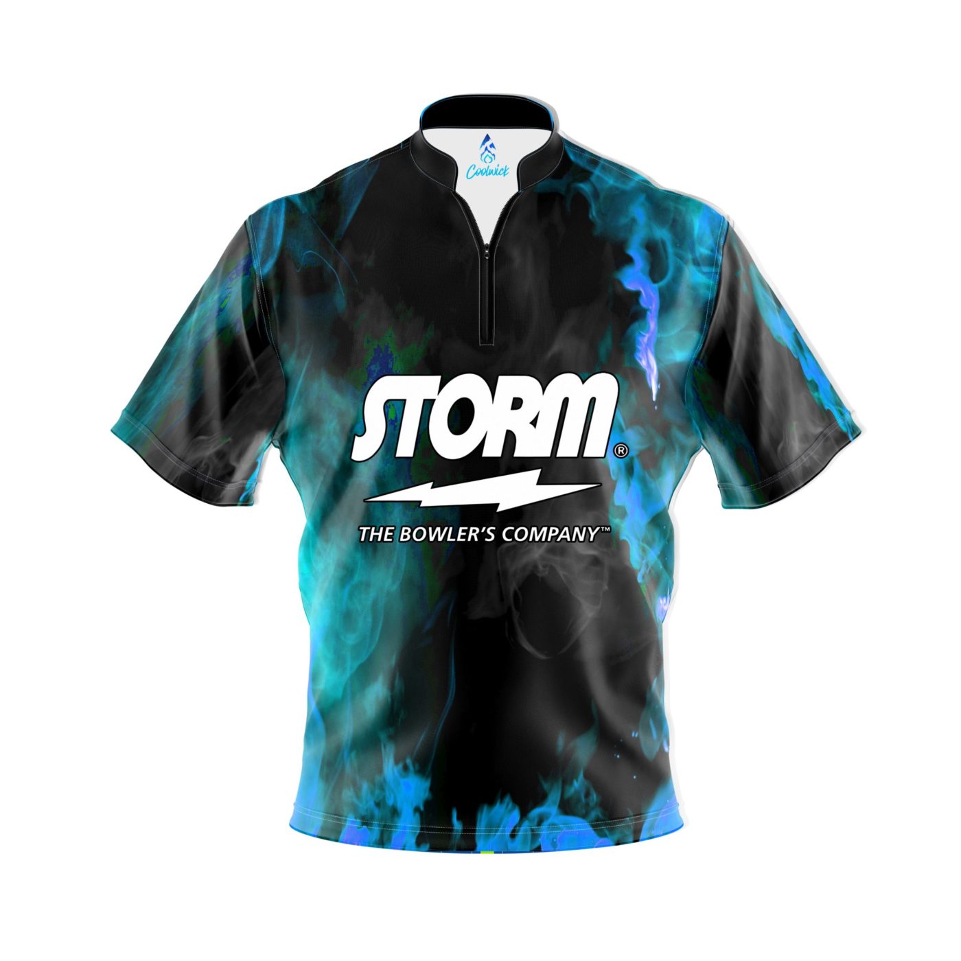 Storm Blue Flame Quick Ship CoolWick Sash Zip Bowling Jersey