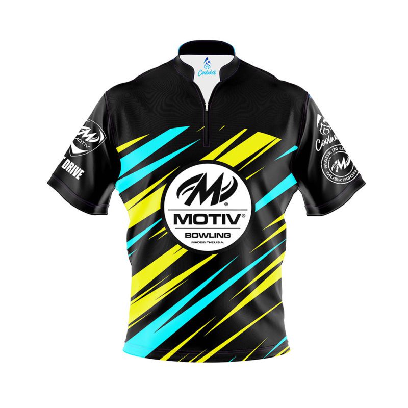 Image of Motiv Yellow Blue Drive Quick Ship CoolWick Sash Zip Bowling Jersey