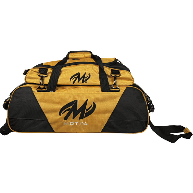 Motiv Ballistix 3 Ball Triple Tote Bowling Bag Gold With Shoe Bag - Image 2
