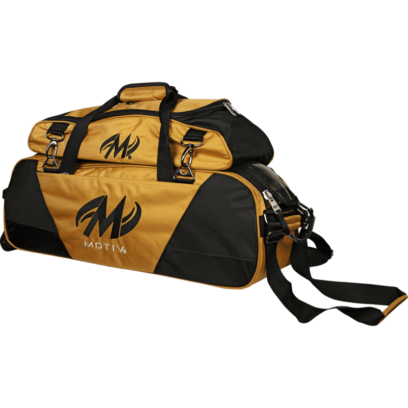 Motiv Ballistix 3 Ball Triple Tote Bowling Bag Gold With Shoe Bag