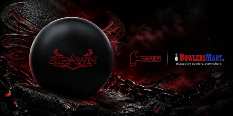 Hammer Spawn Bowling Ball cinematic hero, black ball with red SPAWN logo on dark molten rock and chains backdrop, Hammer and BowlersMart logos