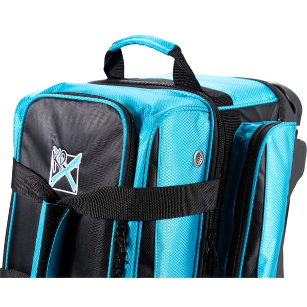 KR Strikeforce Konvoy 2 Ball Double Roller Black Caribbean Blue Bowling Bag - top close-up