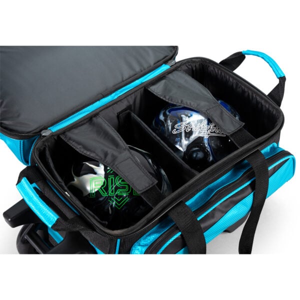 KR Strikeforce Konvoy 2 Ball Double Roller Black Caribbean Blue Bowling Bag - ball compartment detail