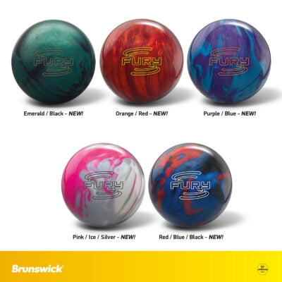 Brunswick Fury bowling ball line: five new colorways (Emerald/Black, Orange/Red, Purple/Blue, Pink/Ice/Silver, Red/Blue/Black)
