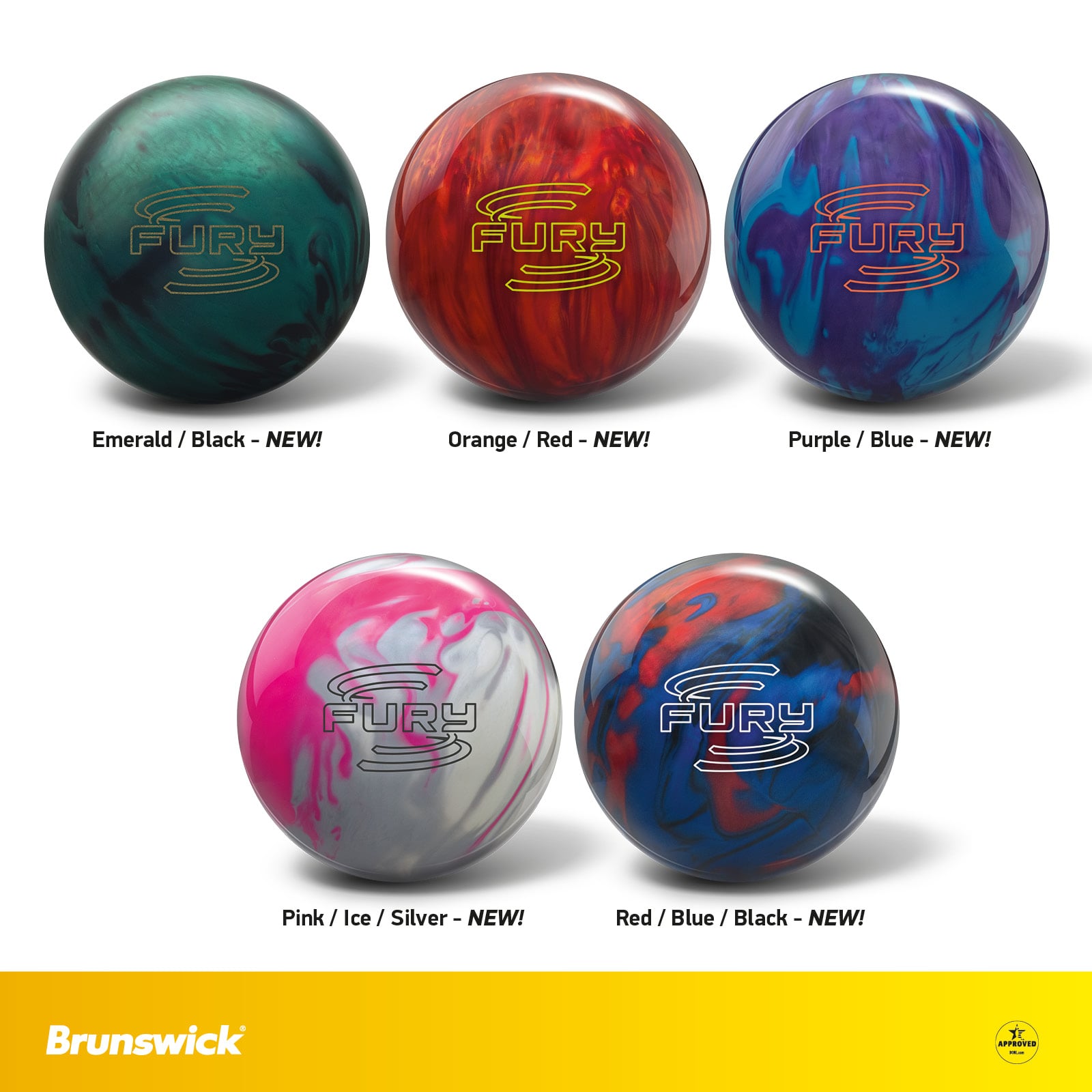 Brunswick Fury bowling ball line: five new colorways (Emerald/Black, Orange/Red, Purple/Blue, Pink/Ice/Silver, Red/Blue/Black)