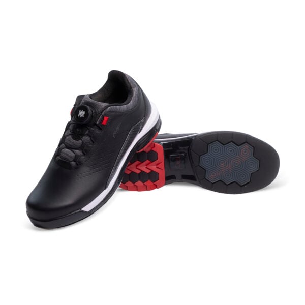 KR Strikeforce TPC Maven Black Red Bowling Shoes - pair on the approach