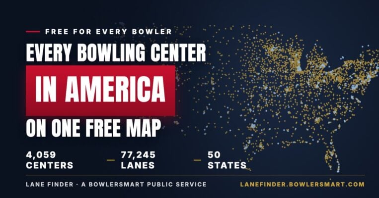 Lane Finder by BowlersMart: every bowling center in America on one free map, 4,059 centers and 77,245 lanes shown as a dot map of the US