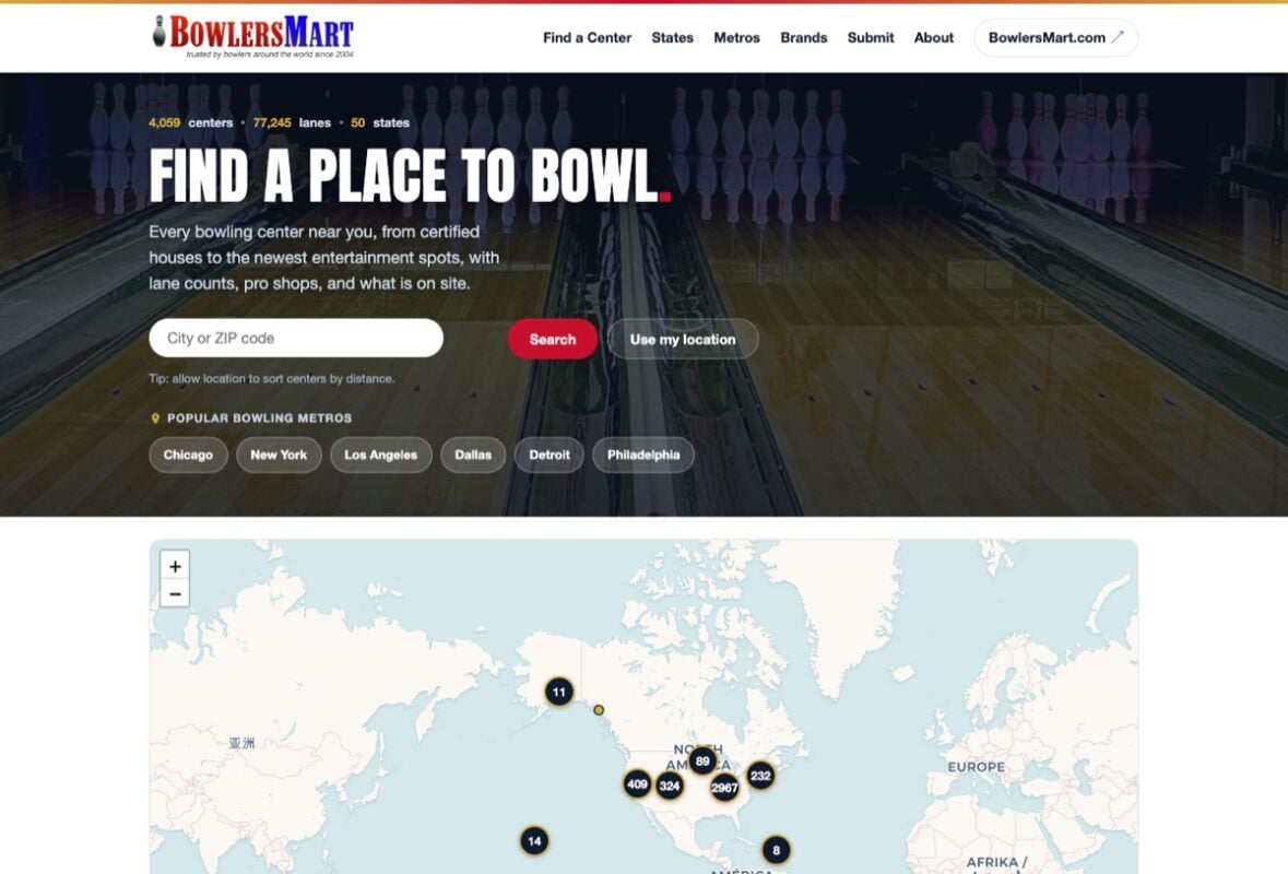 Lane Finder homepage: search bowling centers by city or ZIP with a nationwide map