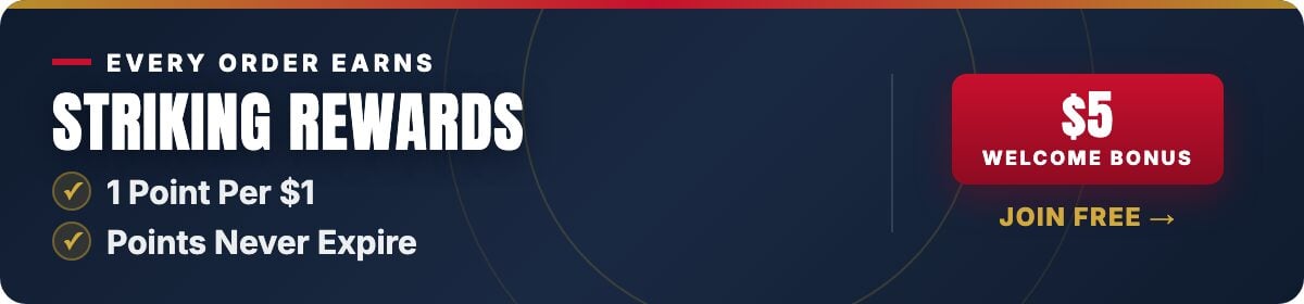 Striking Rewards: every order earns 1 point per $1, points never expire, pay with points at checkout. $5 welcome bonus, free to join.