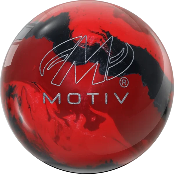 Motiv Frenzy Red Black Pearl bowling ball, back view