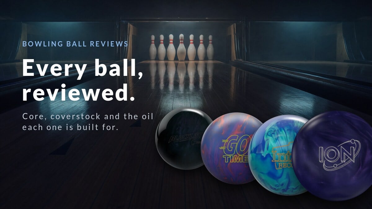 Four bowling balls on a dark lane with the pins behind them, headline: Every ball, reviewed