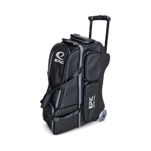 Epic 4 Ball Inline Ironclad Black bowling bag standing upright with the telescoping handle extended, showing the black herringbone fabric, Epic logo, Be Epic straps and two side pockets