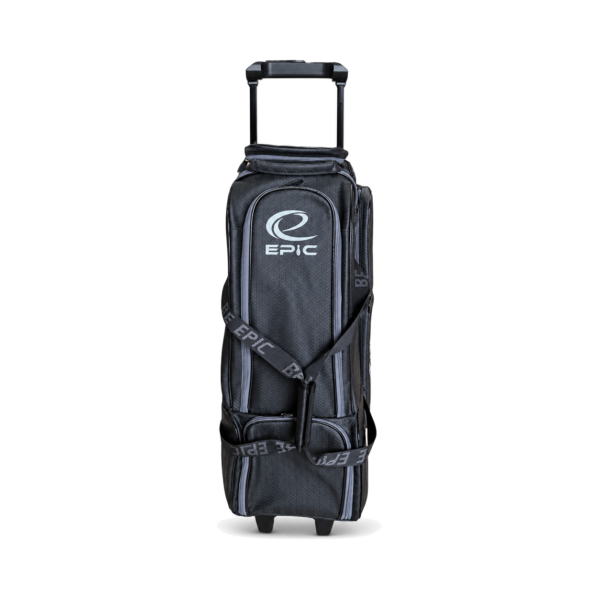 Front view of the Epic 4 Ball Inline Ironclad Black bowling bag with the Epic logo on the front panel and the Be Epic strap across the middle