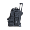 Side view of the Epic 4 Ball Inline Ironclad Black bowling bag showing two zip side pockets, the Epic Bowling lettering, the shoulder strap and one large wheel