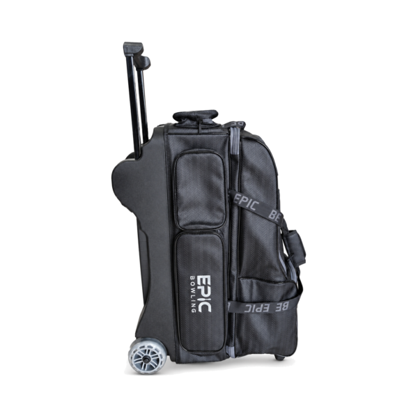 Opposite side of the Epic 4 Ball Inline Ironclad Black bowling bag with the hard molded side panel, the extended pull handle and the large wheel