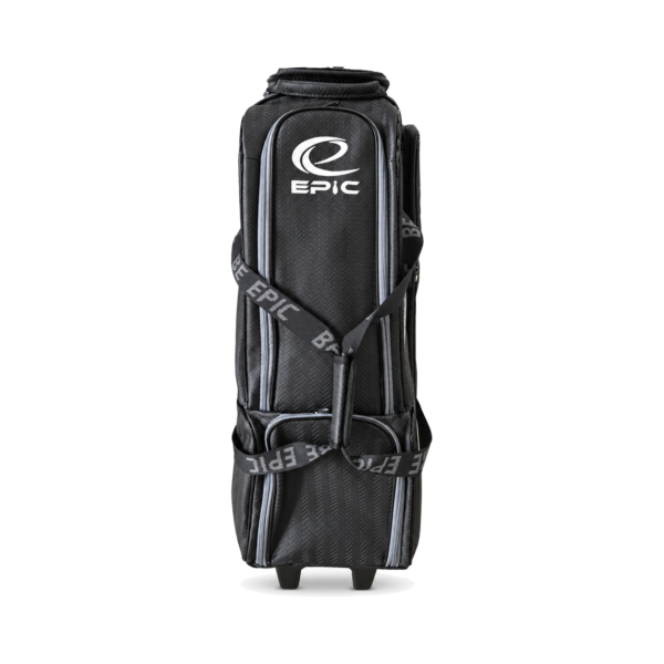 Epic 4 Ball Inline Ironclad Black bowling bag with the pull handle stowed, showing the top accessory pouch and the narrow footprint