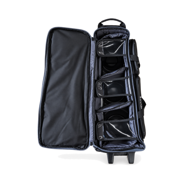 Epic 4 Ball Inline Ironclad Black bowling bag unzipped and laid open, showing the inline ball cups with clear-window retention flaps and the top carry handle