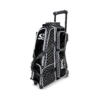 Epic 4 Ball Inline Superior Deluxe Black Silver Diamond bowling bag standing upright with the telescoping handle extended, showing the glossy black diamond-quilted panels, white piping, Epic logo and Be Epic straps