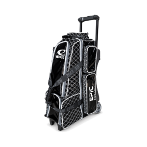 Epic 4 Ball Inline Superior Deluxe Black Silver Diamond bowling bag standing upright with the telescoping handle extended, showing the glossy black diamond-quilted panels, white piping, Epic logo and Be Epic straps