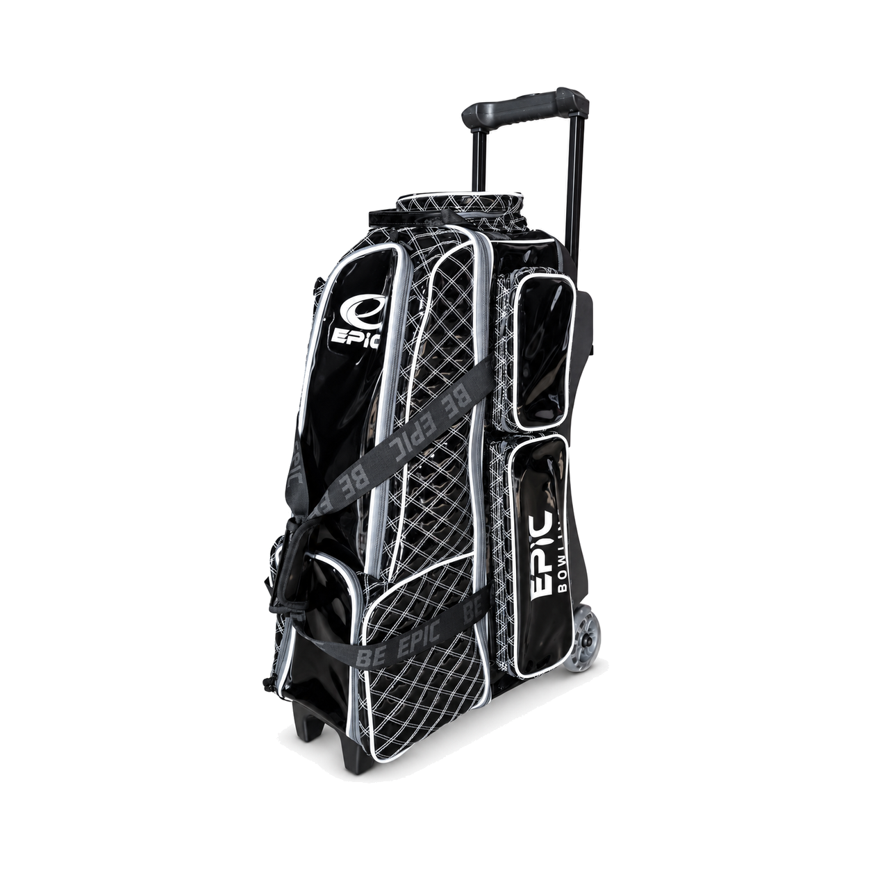 Epic 4 Ball Inline Superior Deluxe Black Silver Diamond bowling bag standing upright with the telescoping handle extended, showing the glossy black diamond-quilted panels, white piping, Epic logo and Be Epic straps