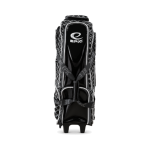 Front view of the Epic 4 Ball Inline Superior Deluxe Black Silver Diamond bowling bag with the glossy black front panel, Epic logo and the Be Epic strap across the middle